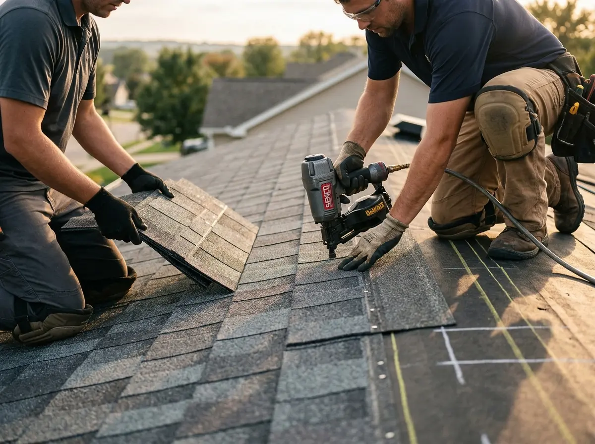 Professional roofer working on a residential roof in Purcell